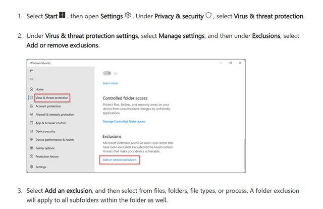 Windows Security exclusion step 1