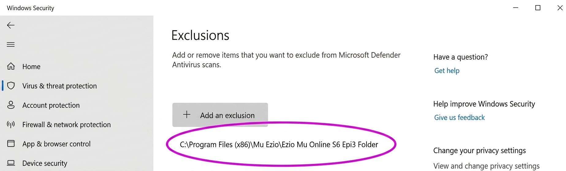 Windows Security exclusion step 2